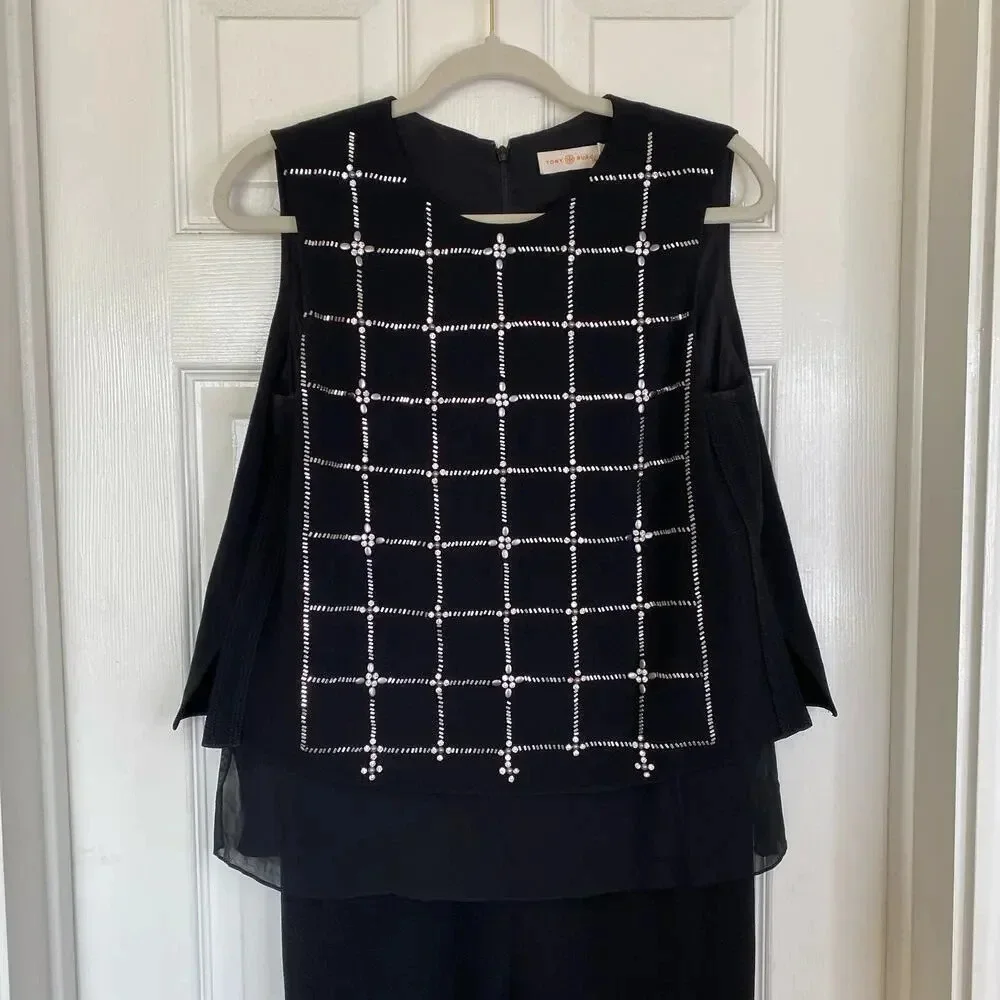 TORY BURCH Betsy Jumpsuit Beaded Black White Metallic Size Small Elegant Chic